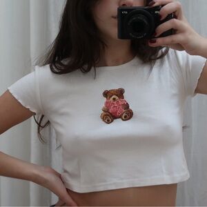 Cute Teddy Bear Embroidered White Crop Top